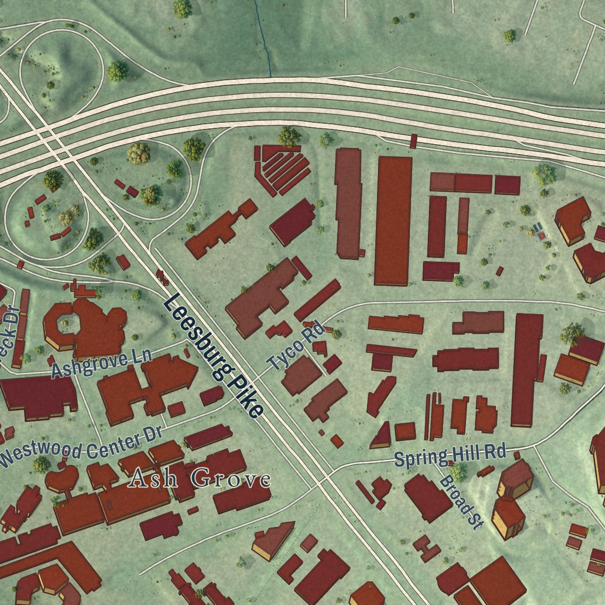 Second close-up of the map of Tysons, Virginia print showing more streets and buildings