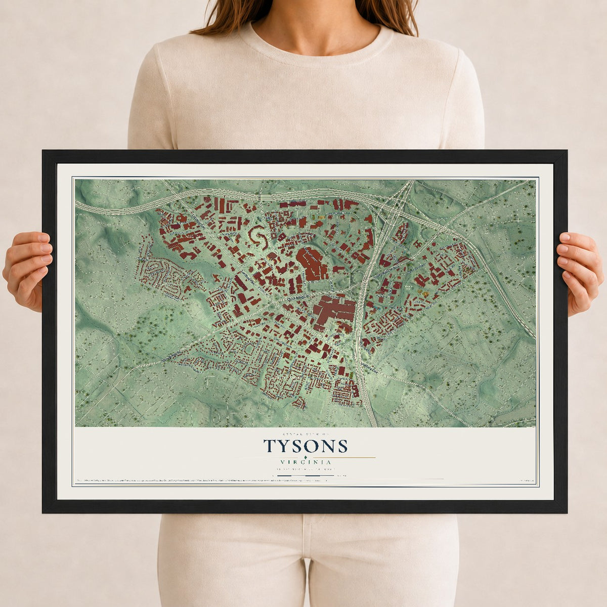 Map of Tysons, Virginia, 12 x 18 inch print in a black wood frame