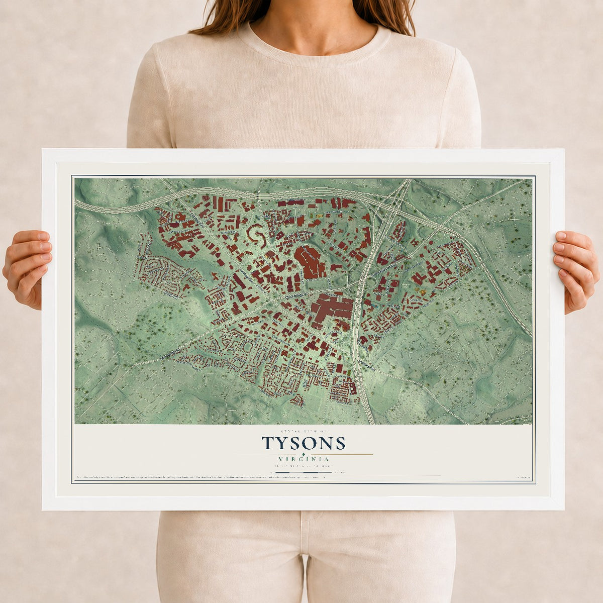 Map of Tysons, Virginia, 12 x 18 inch print in a white wood frame