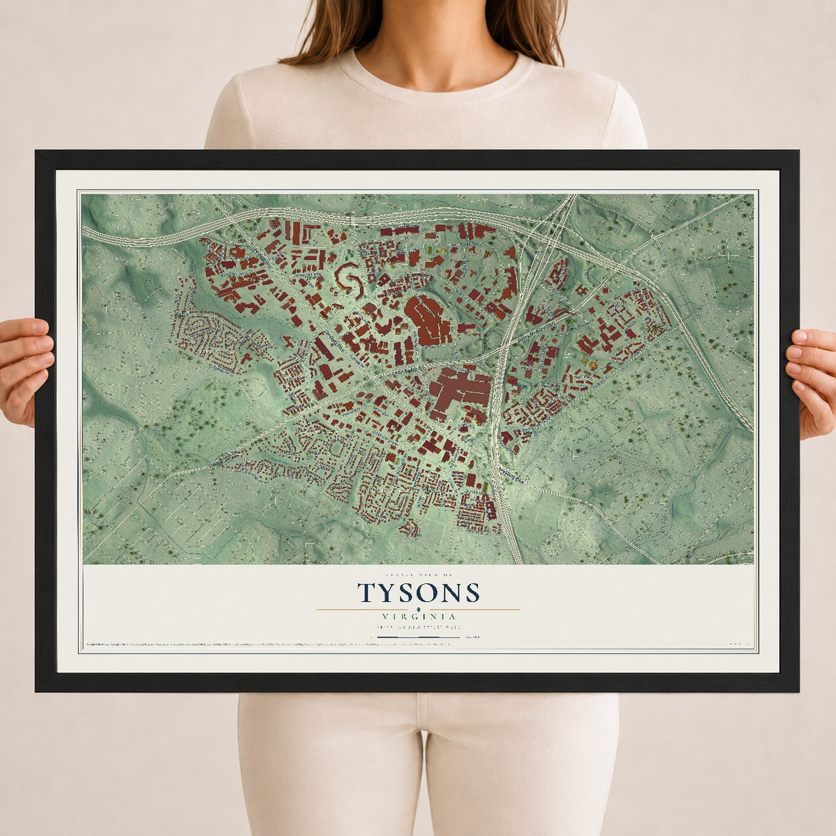 Map of Tysons, Virginia, 18 x 24 inch print in a black wood frame