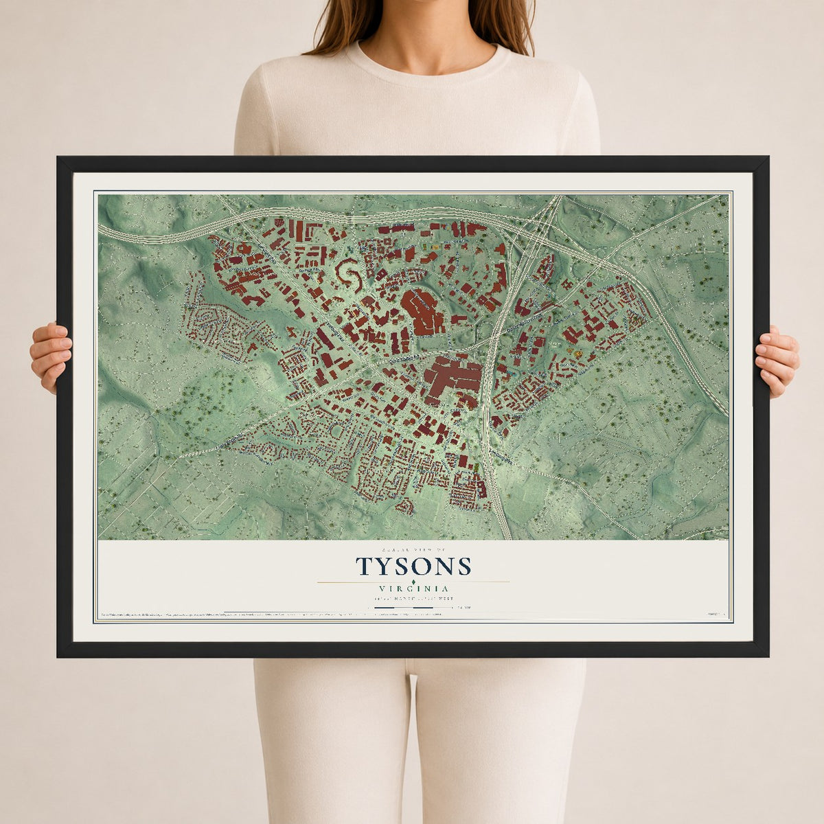 Map of Tysons, Virginia, 24 x 36 inch print in a black wood frame
