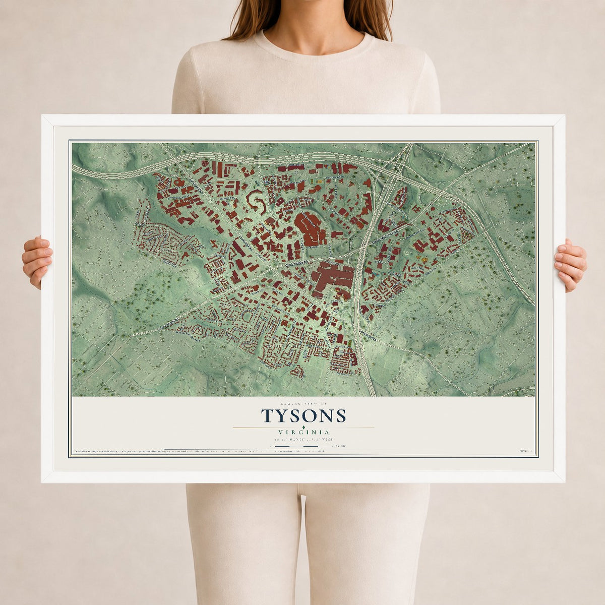 Map of Tysons, Virginia, 24 x 36 inch print in a white wood frame