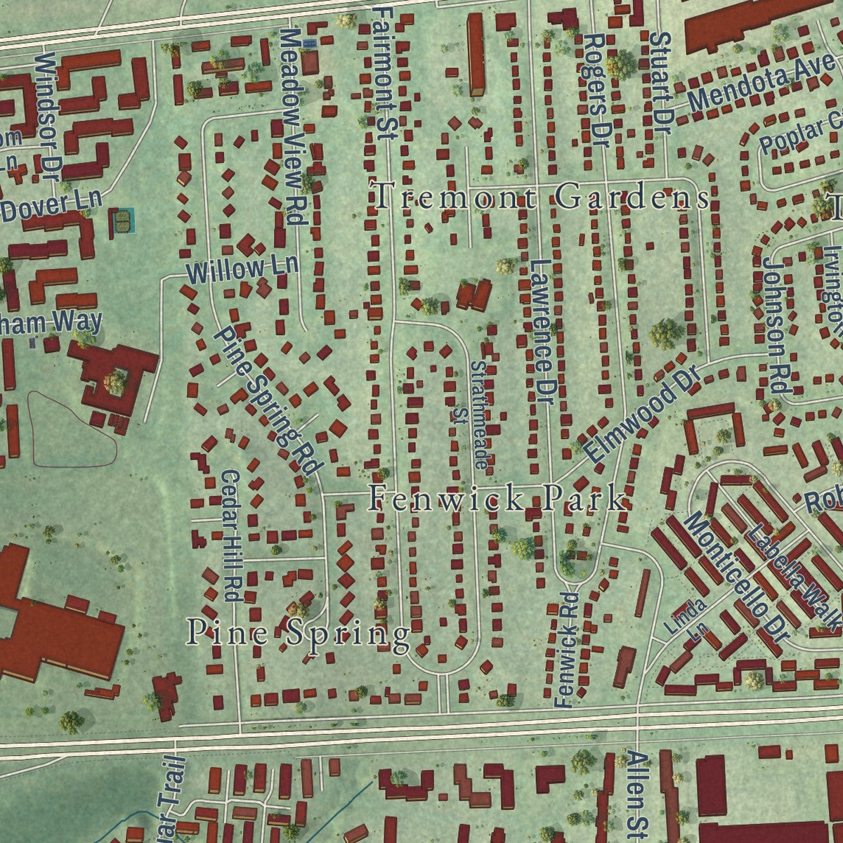 Close-up of the map of West Falls Church, Virginia print showing street and building detail