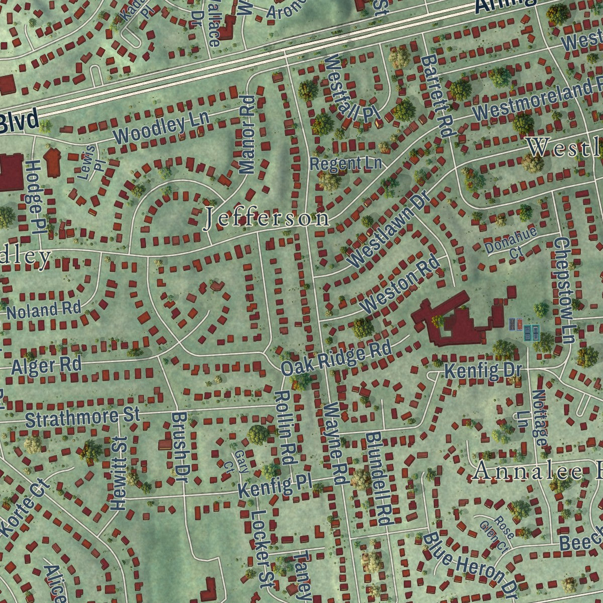 Second close-up of the map of West Falls Church, Virginia print showing more streets and buildings