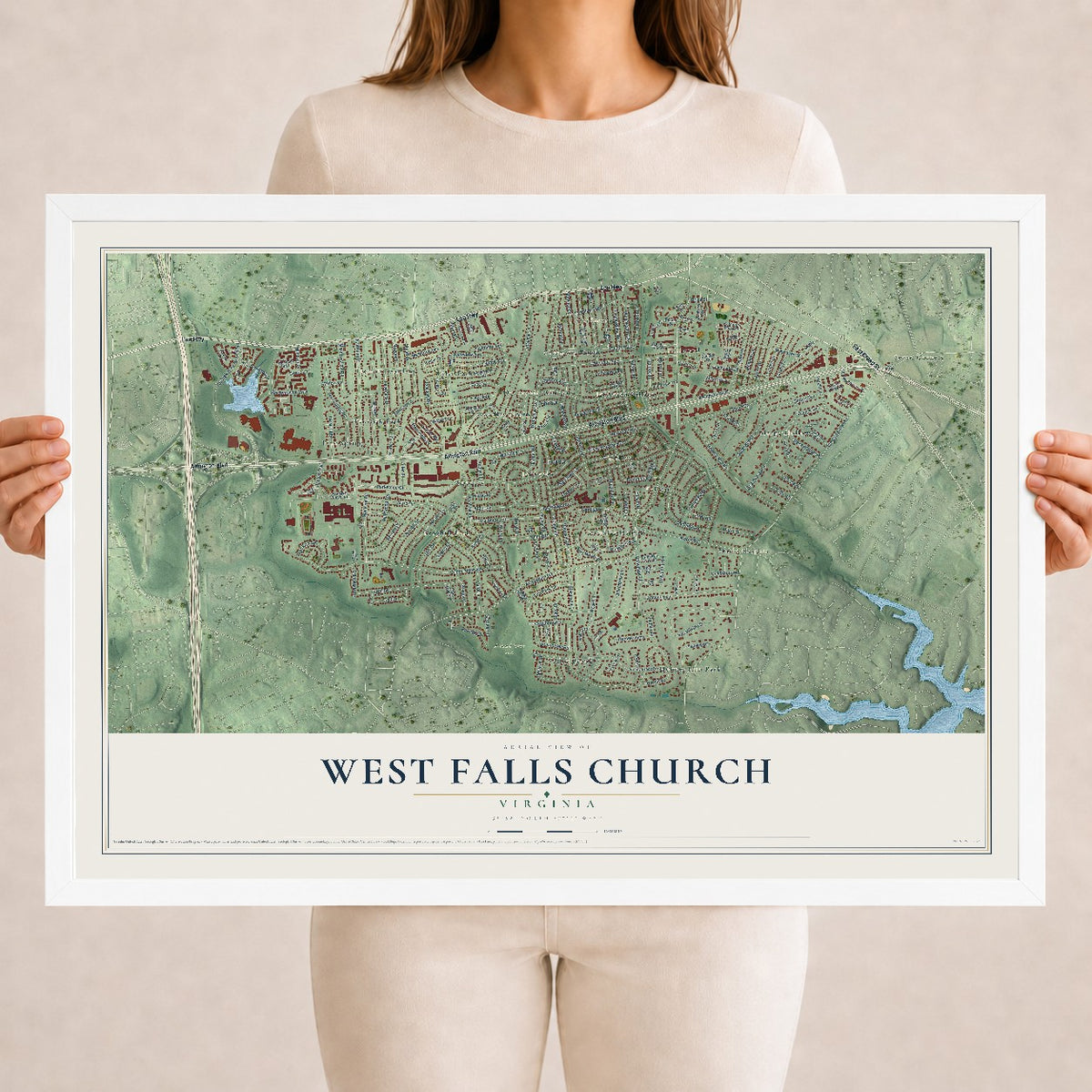 Map of West Falls Church, Virginia, 18 x 24 inch print in a white wood frame