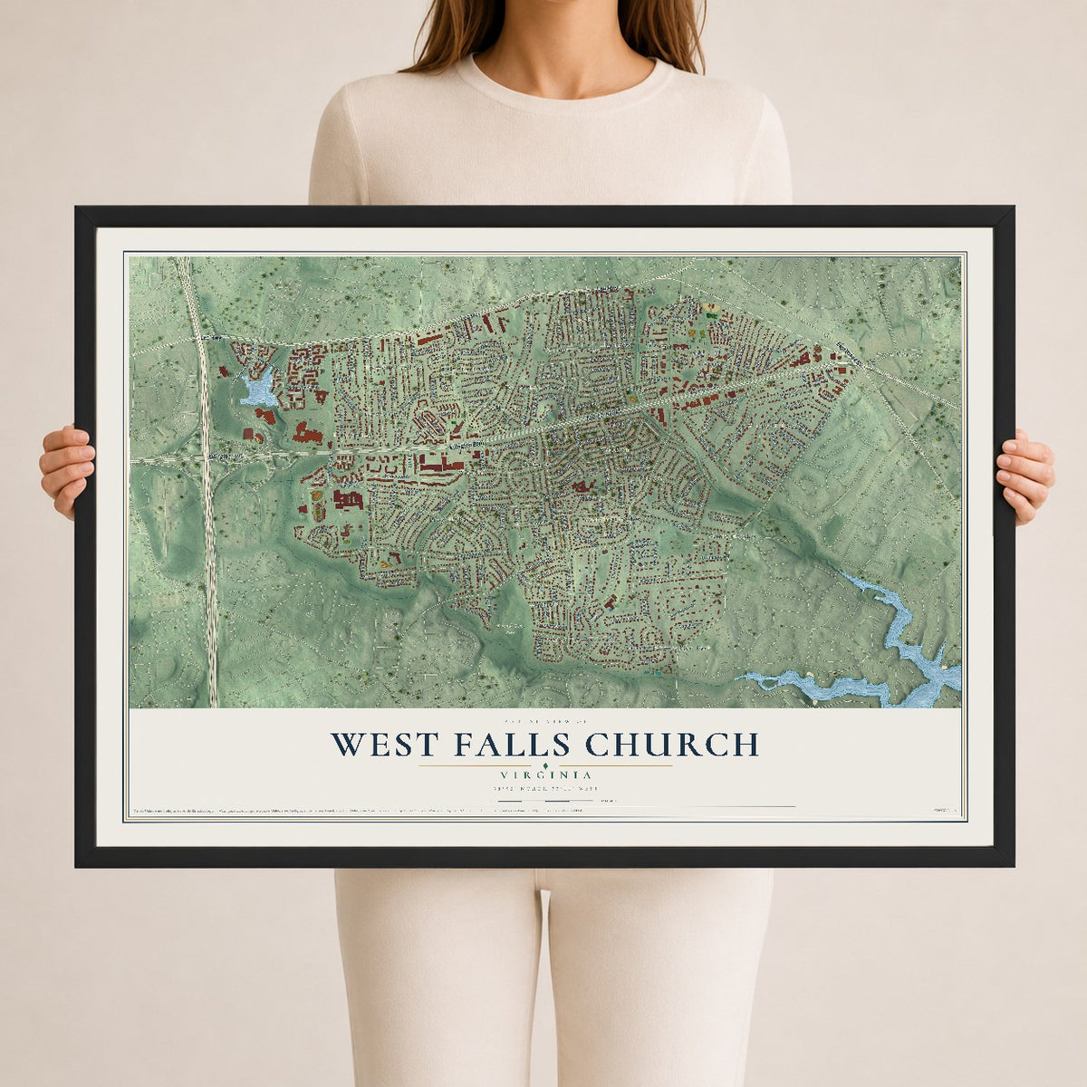 Map of West Falls Church, Virginia, 24 x 36 inch print in a black wood frame