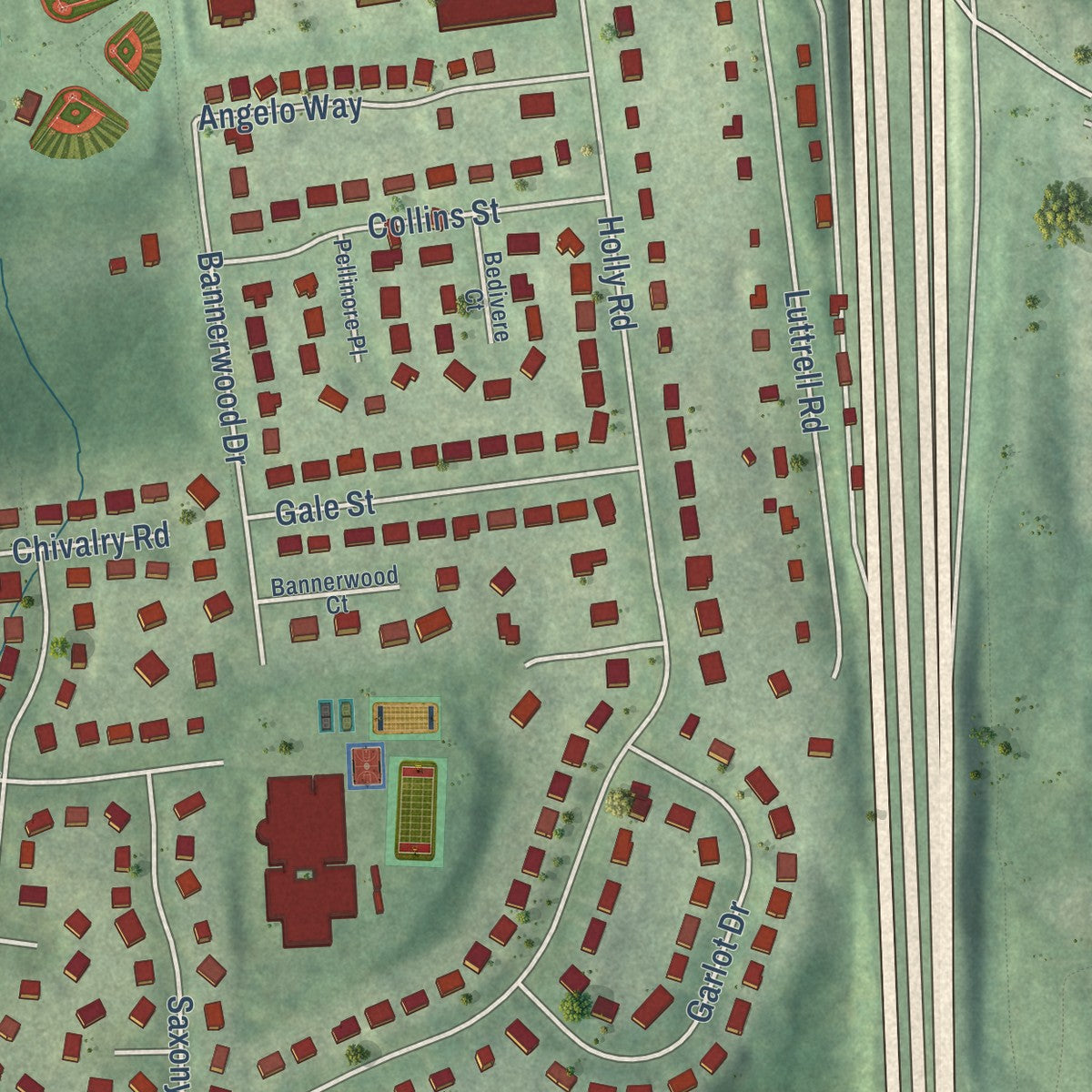 Close-up of the map of Woodburn, Virginia print showing street and building detail