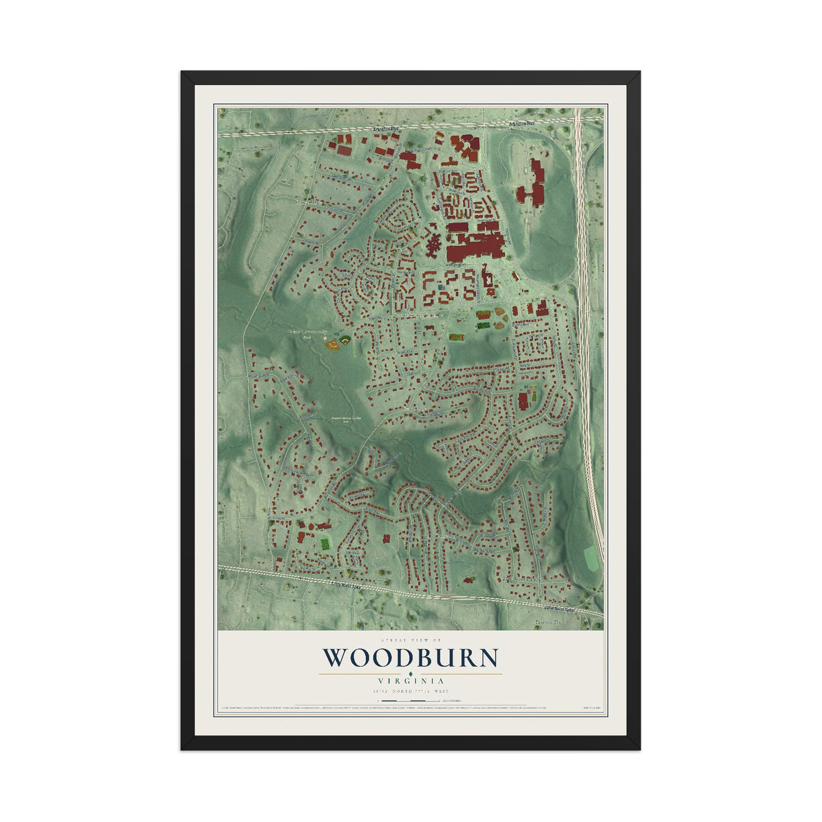 Map of Woodburn, Virginia, 12 x 18 inch print in a black wood frame