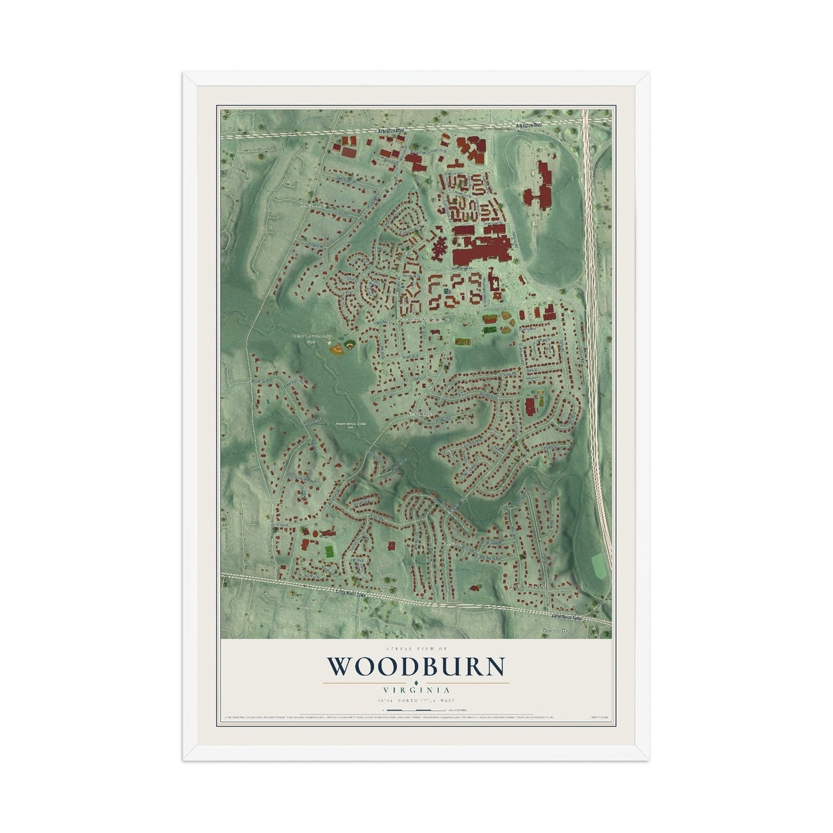 Map of Woodburn, Virginia, 12 x 18 inch print in a white wood frame