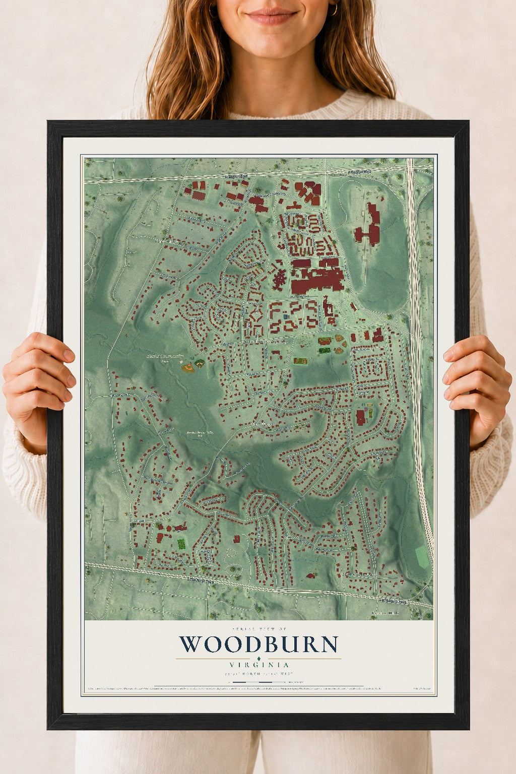 Map of Woodburn, Virginia, 18 x 24 inch print in a black wood frame