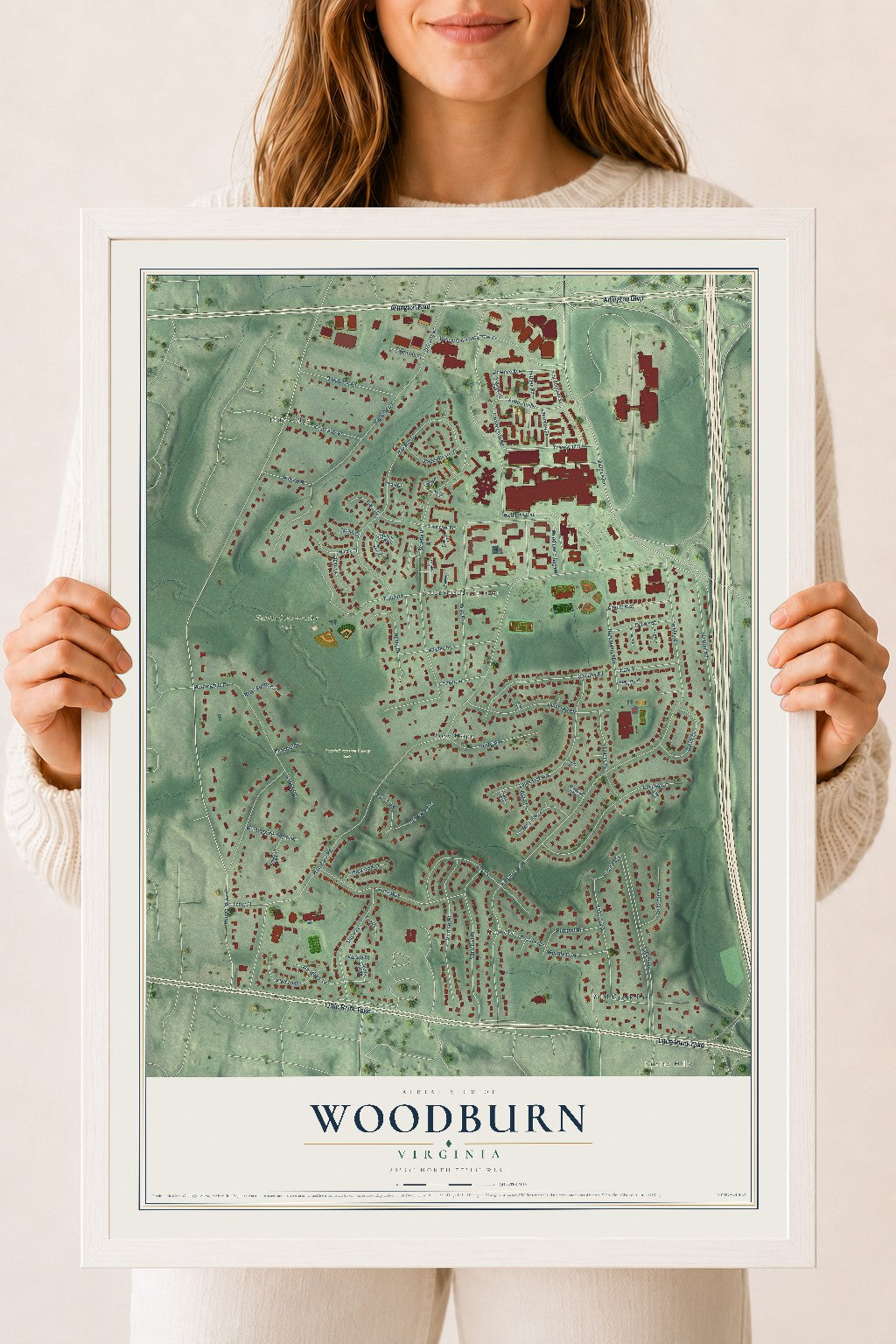 Map of Woodburn, Virginia, 18 x 24 inch print in a white wood frame