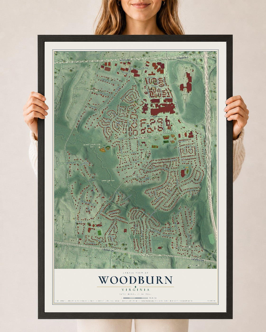 Map of Woodburn, Virginia, 24 x 36 inch print in a black wood frame