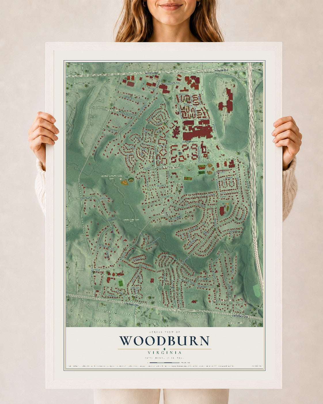 Map of Woodburn, Virginia, 24 x 36 inch print in a white wood frame