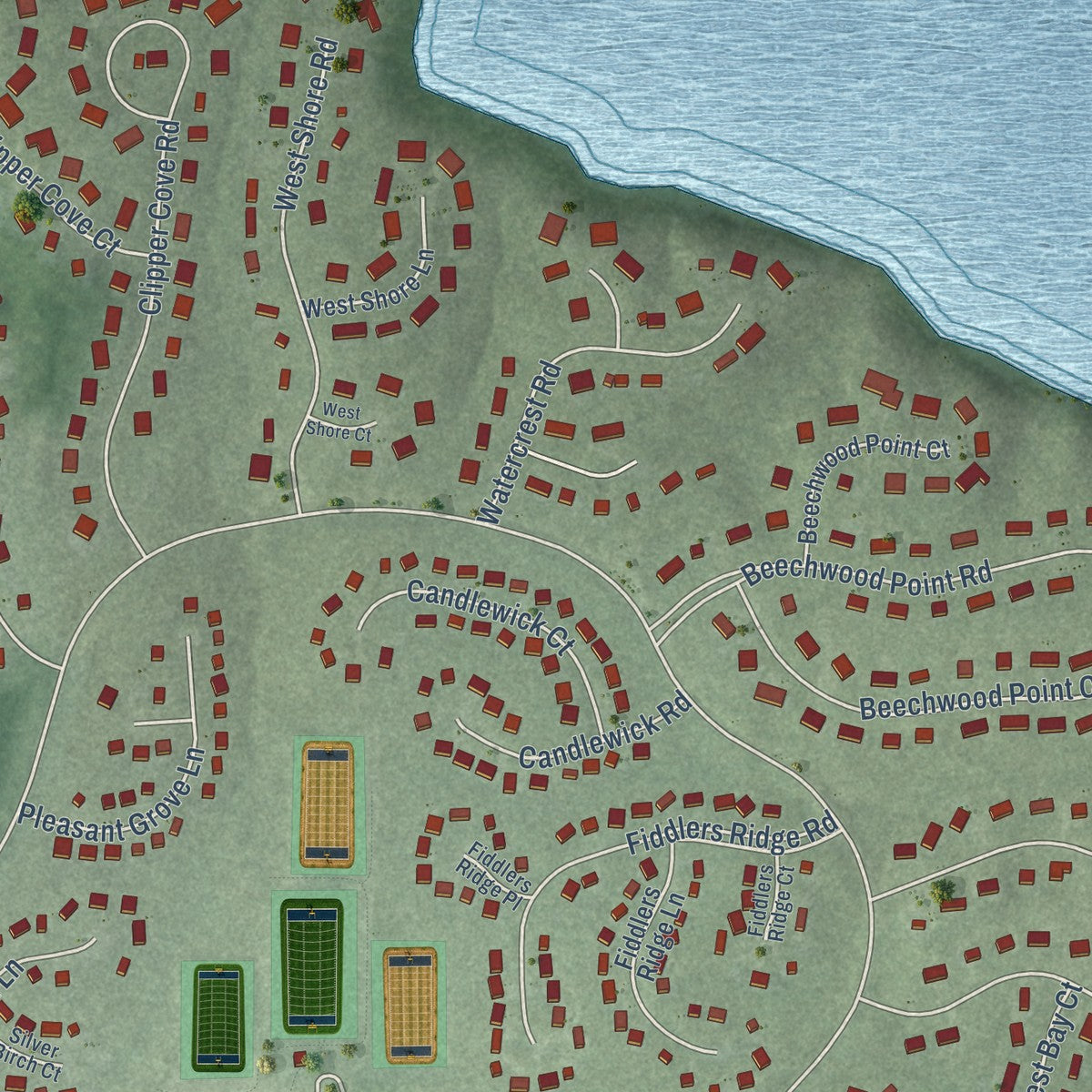 Close-up of the map of Woodlake, Virginia print showing street and building detail