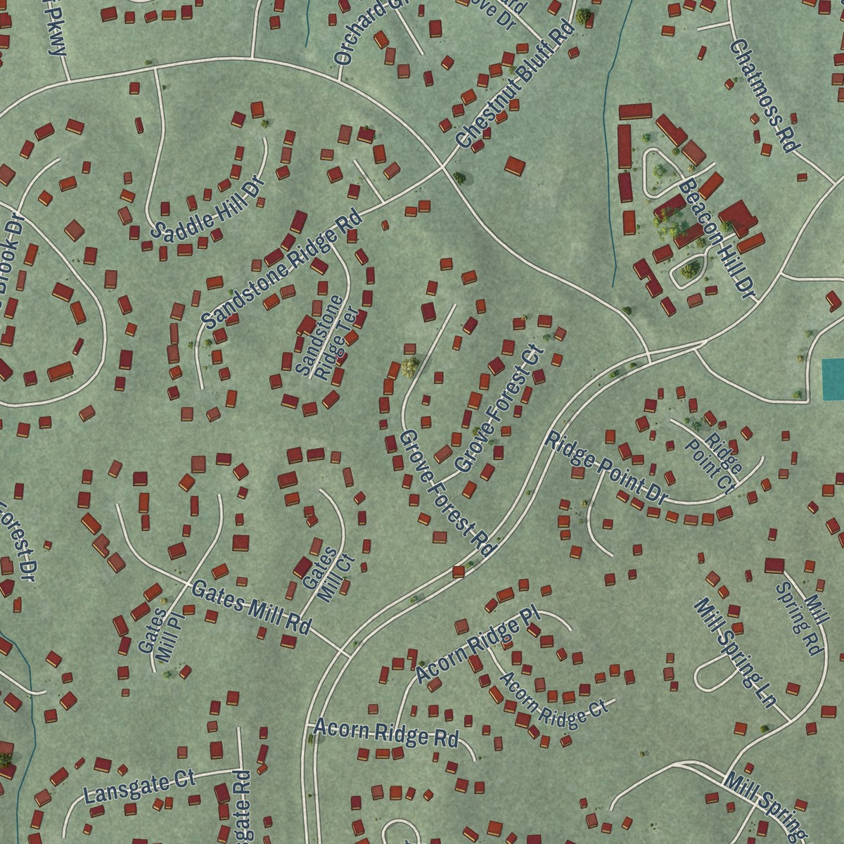 Second close-up of the map of Woodlake, Virginia print showing more streets and buildings
