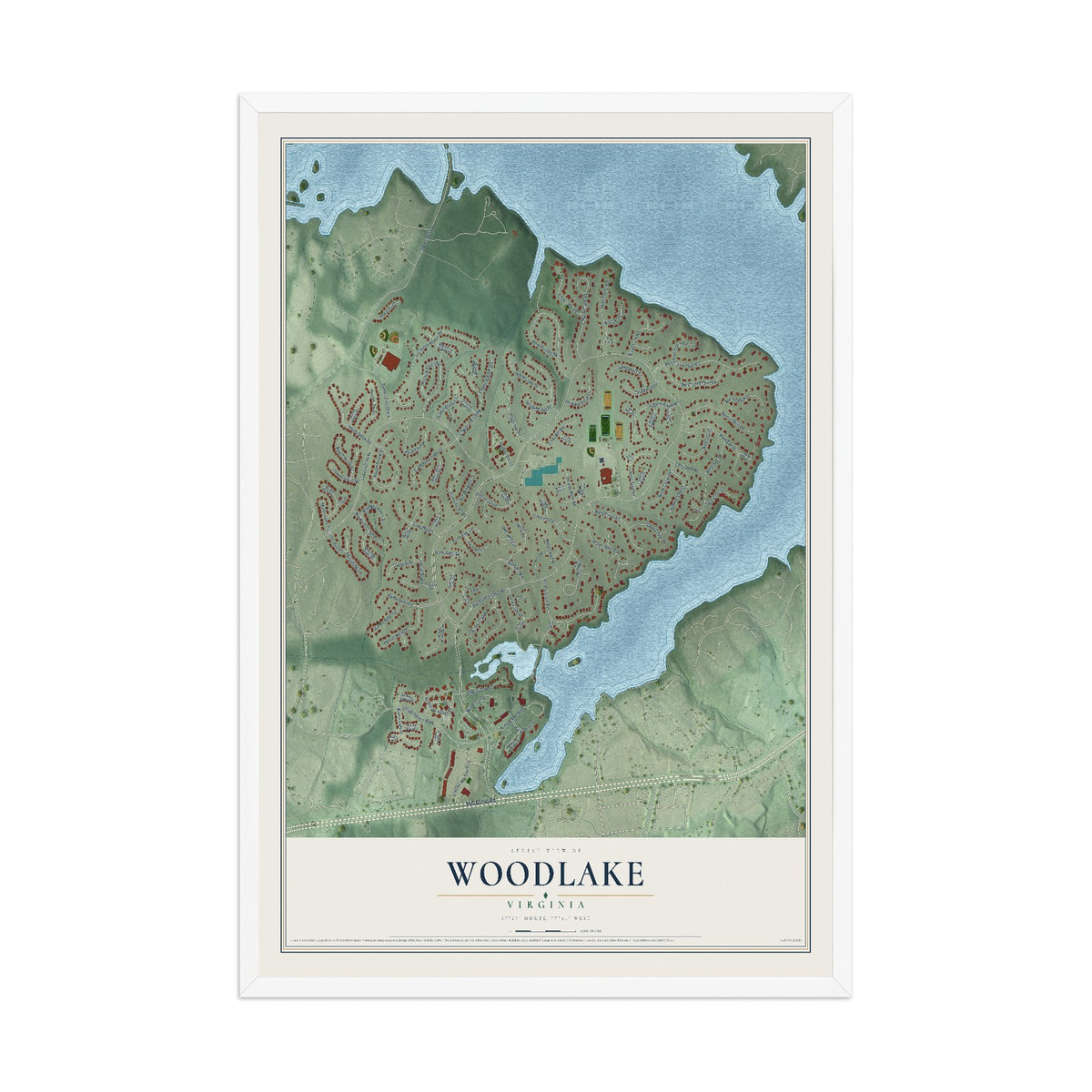 Map of Woodlake, Virginia, 12 x 18 inch print in a white wood frame