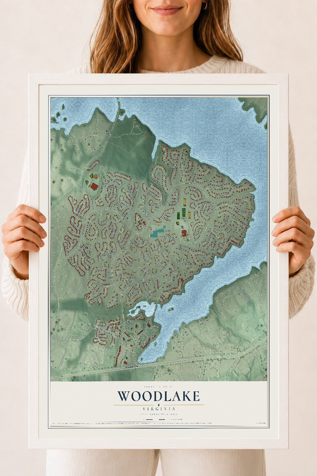 Map of Woodlake, Virginia, 18 x 24 inch print in a white wood frame