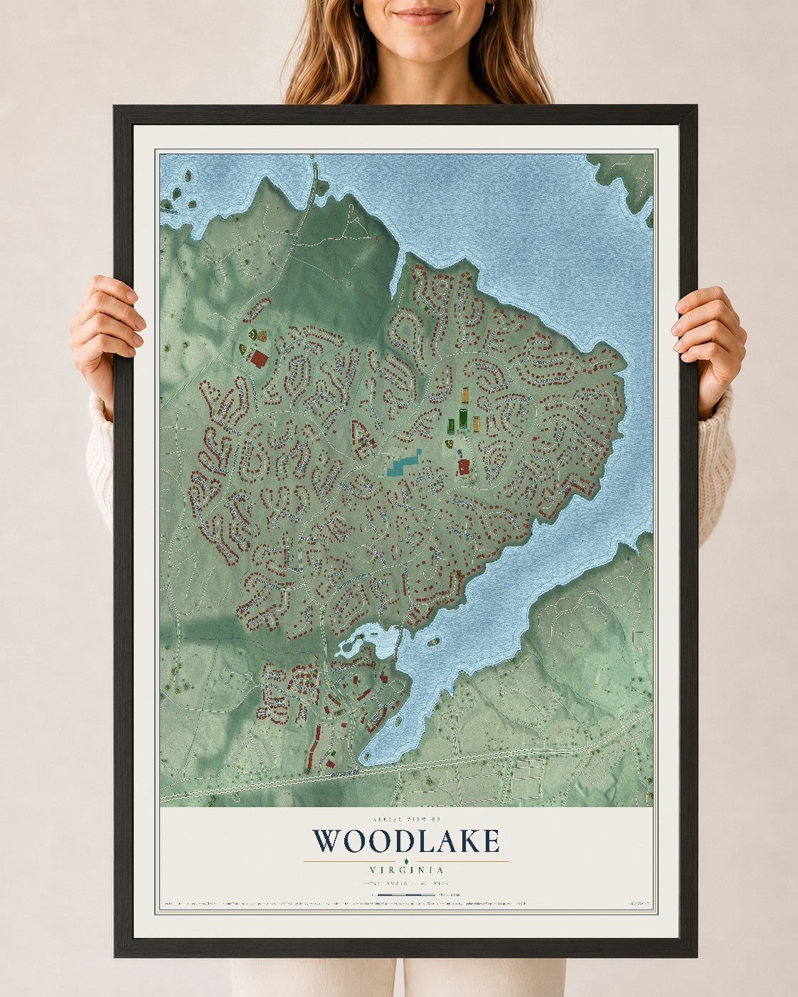 Map of Woodlake, Virginia, 24 x 36 inch print in a black wood frame