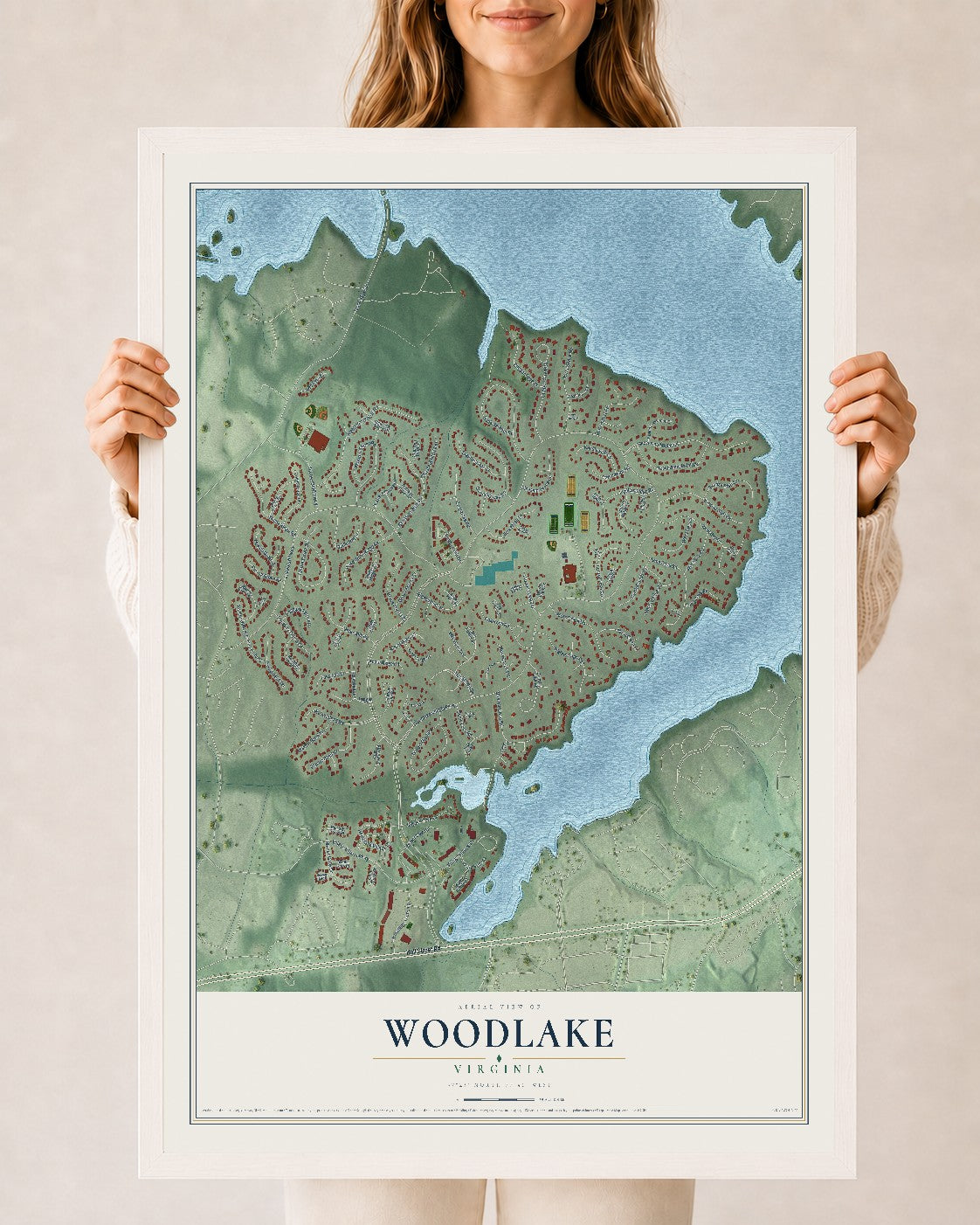 Map of Woodlake, Virginia, 24 x 36 inch print in a white wood frame