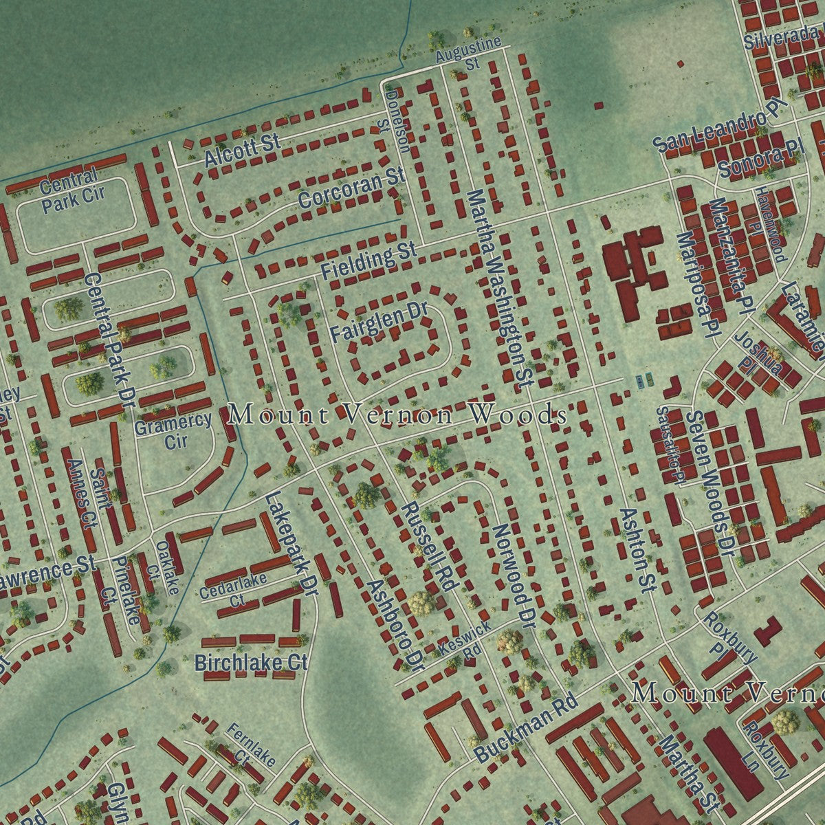 Close-up of the map of Woodlawn, Virginia print showing street and building detail