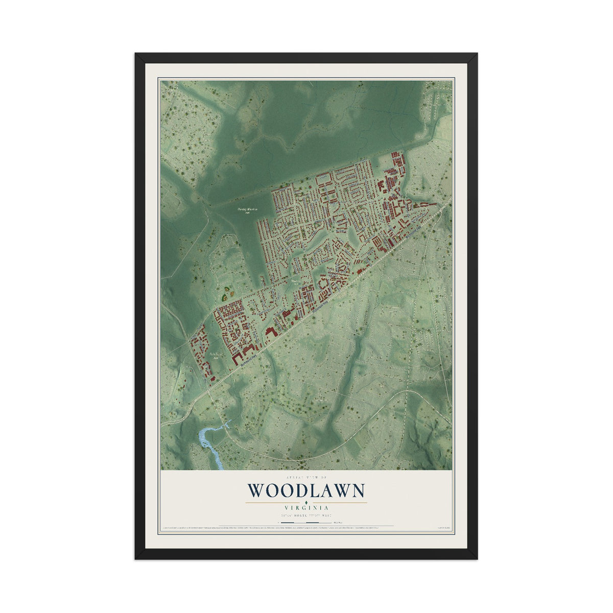 Map of Woodlawn, Virginia, 12 x 18 inch print in a black wood frame