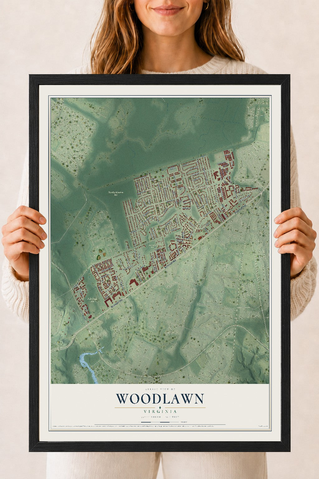 Map of Woodlawn, Virginia, 18 x 24 inch print in a black wood frame