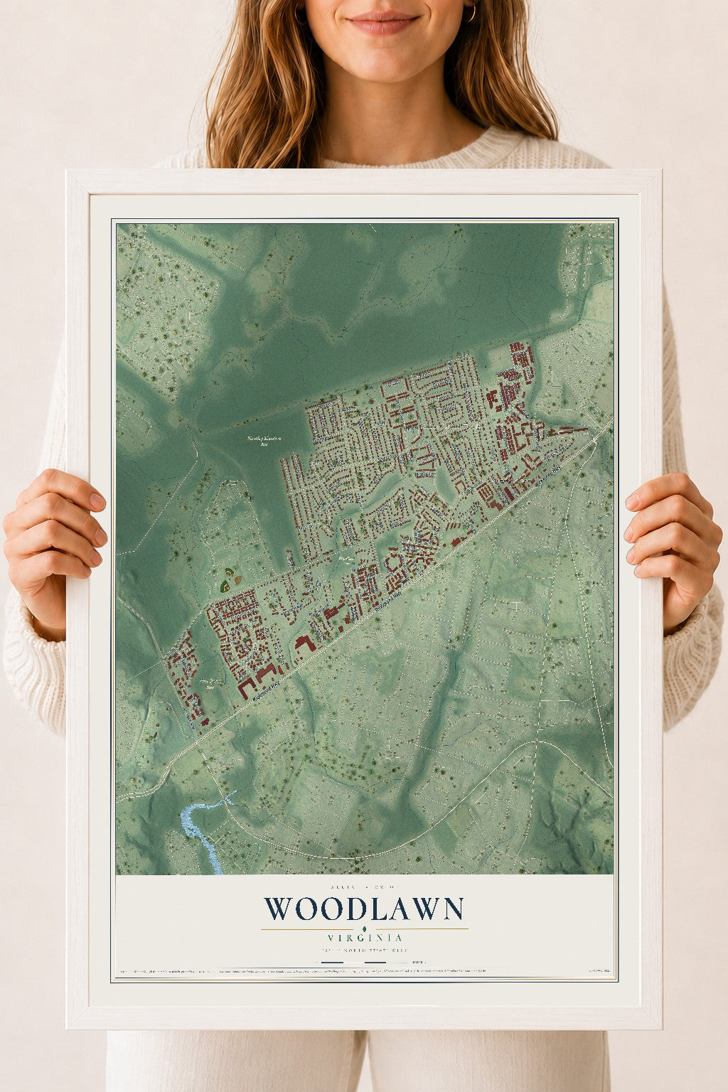 Map of Woodlawn, Virginia, 18 x 24 inch print in a white wood frame