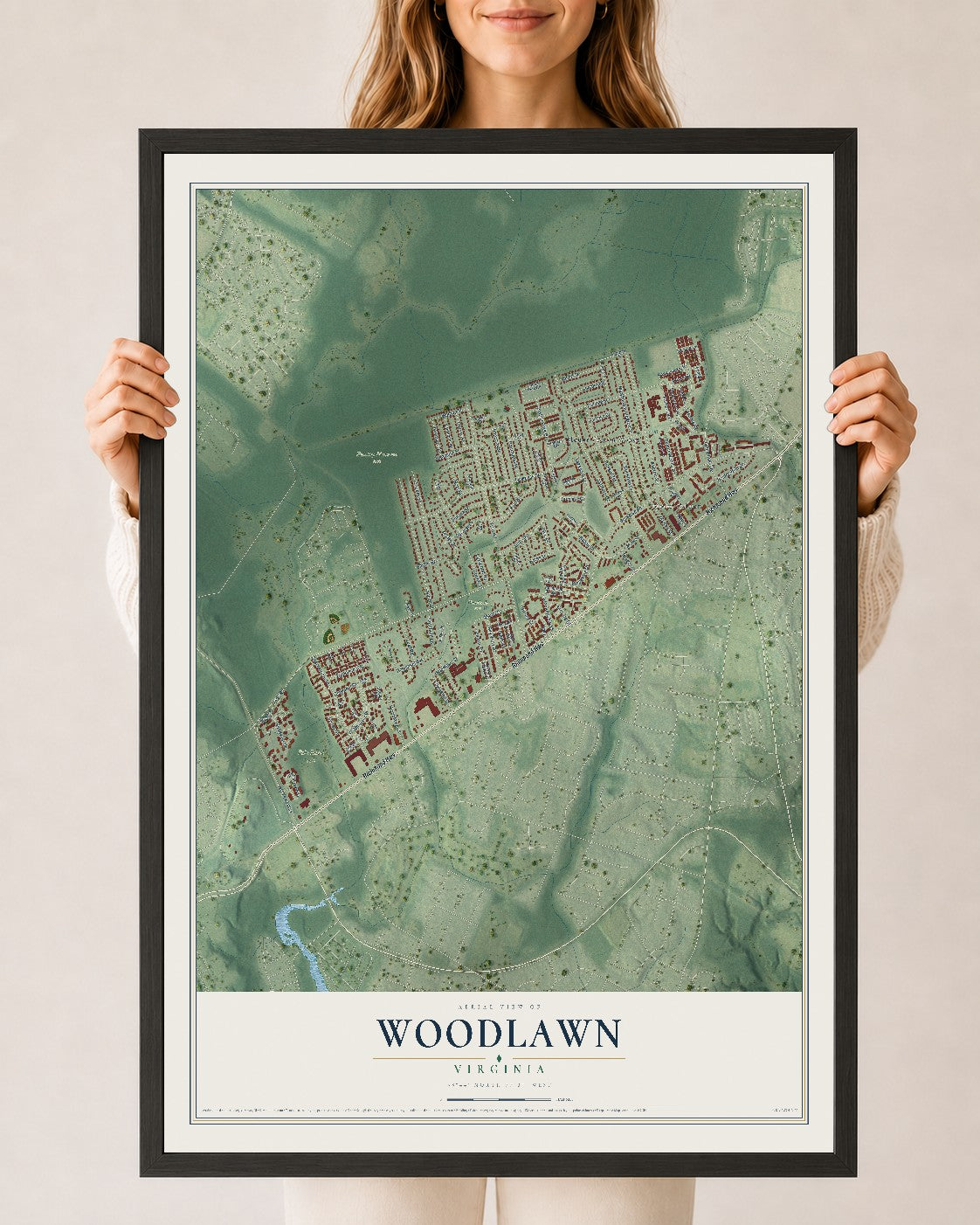 Map of Woodlawn, Virginia, 24 x 36 inch print in a black wood frame