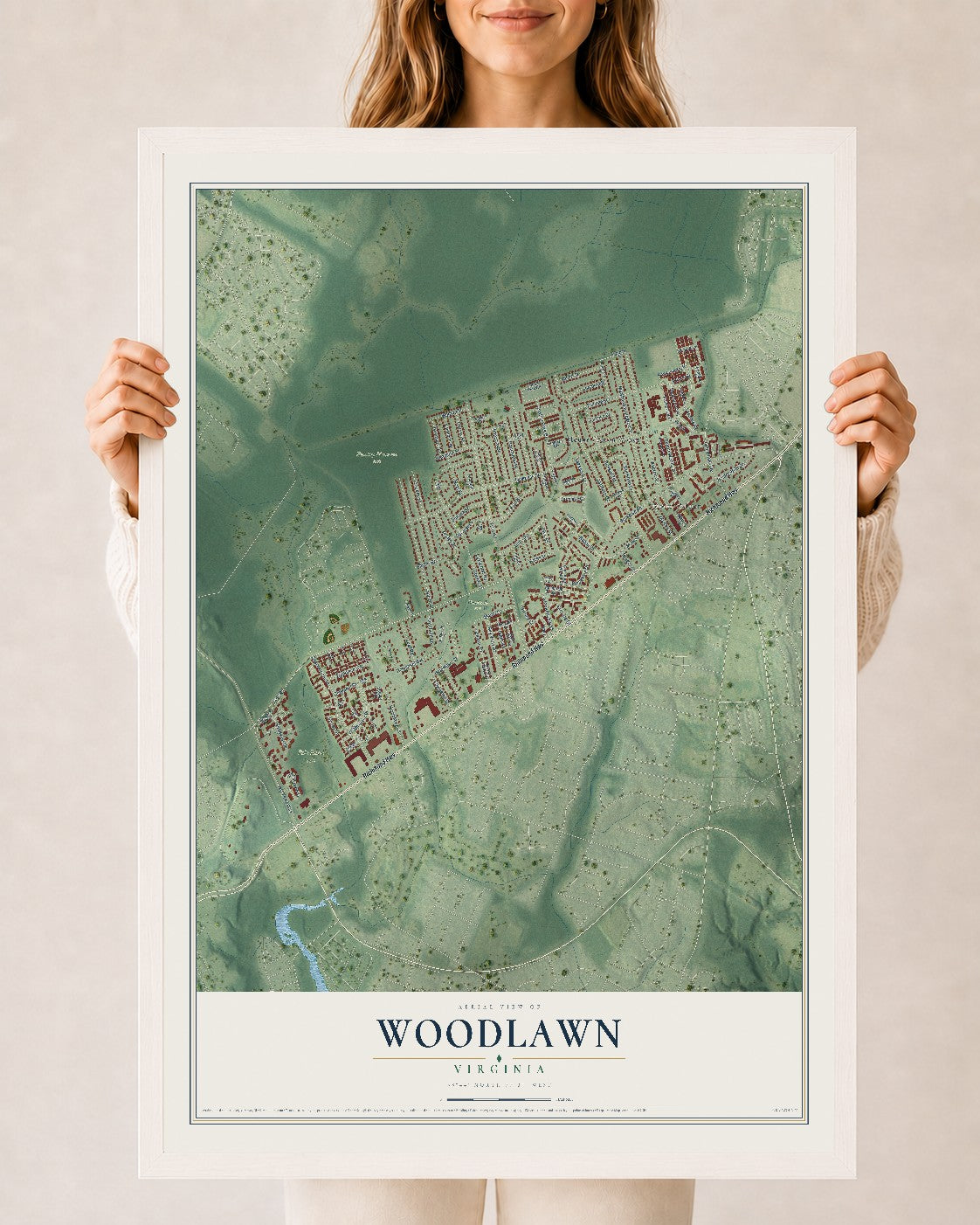 Map of Woodlawn, Virginia, 24 x 36 inch print in a white wood frame