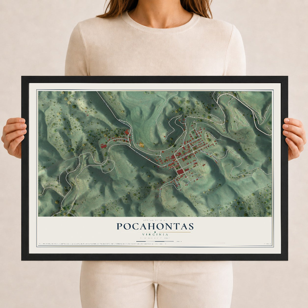 Map of Pocahontas, Virginia, 12 x 18 inch print in a black wood frame