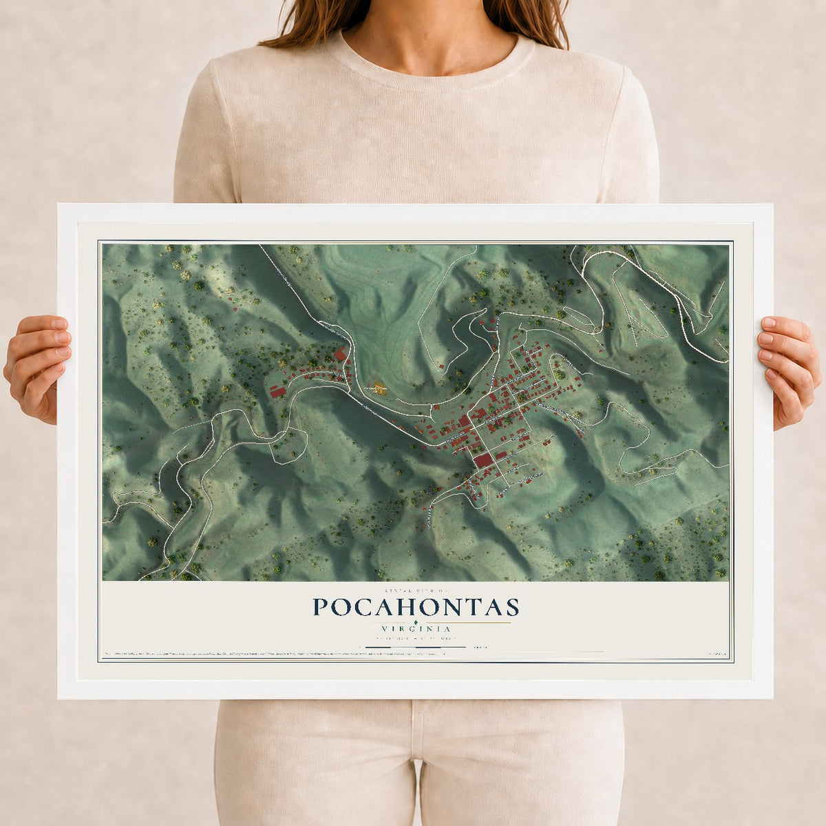 Map of Pocahontas, Virginia, 12 x 18 inch print in a white wood frame