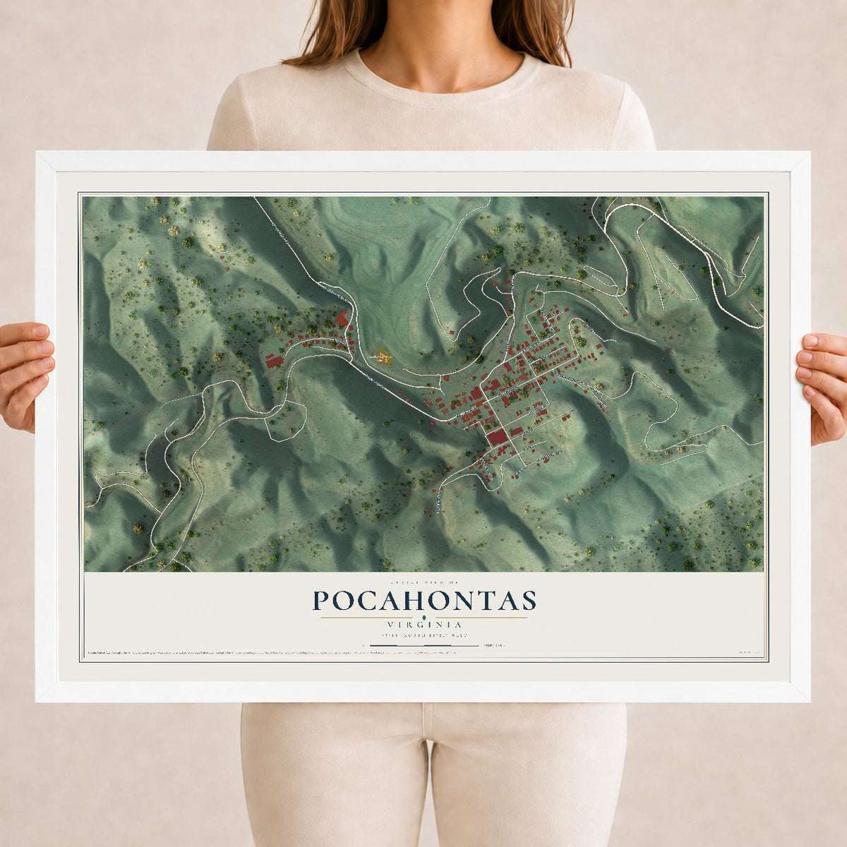 Map of Pocahontas, Virginia, 18 x 24 inch print in a white wood frame
