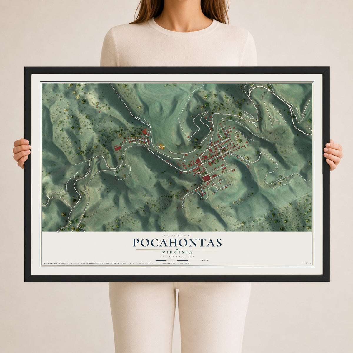 Map of Pocahontas, Virginia, 24 x 36 inch print in a black wood frame