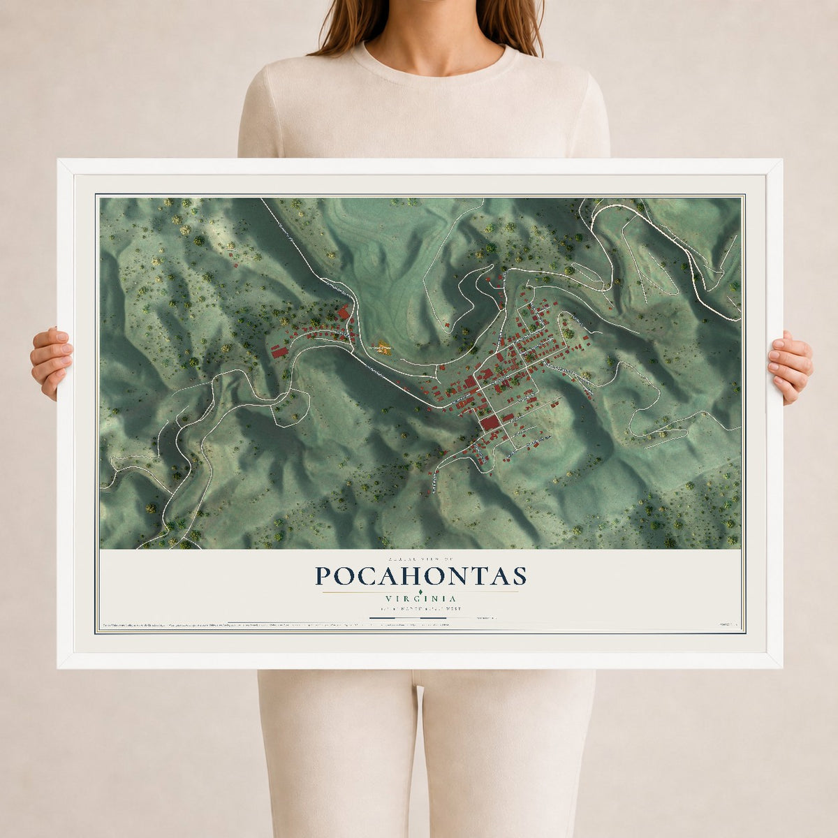 Map of Pocahontas, Virginia, 24 x 36 inch print in a white wood frame