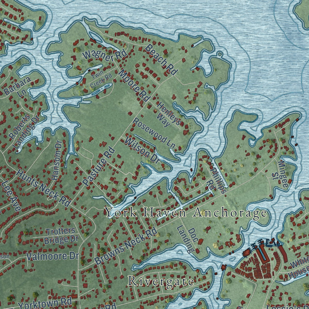 Close-up of the map of Poquoson, Virginia print showing street and building detail