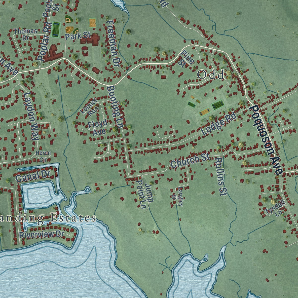 Second close-up of the map of Poquoson, Virginia print showing more streets and buildings