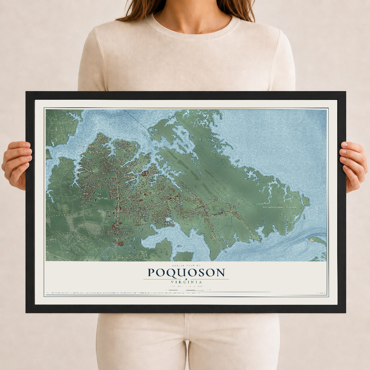 Map of Poquoson, Virginia, 12 x 18 inch print in a black wood frame