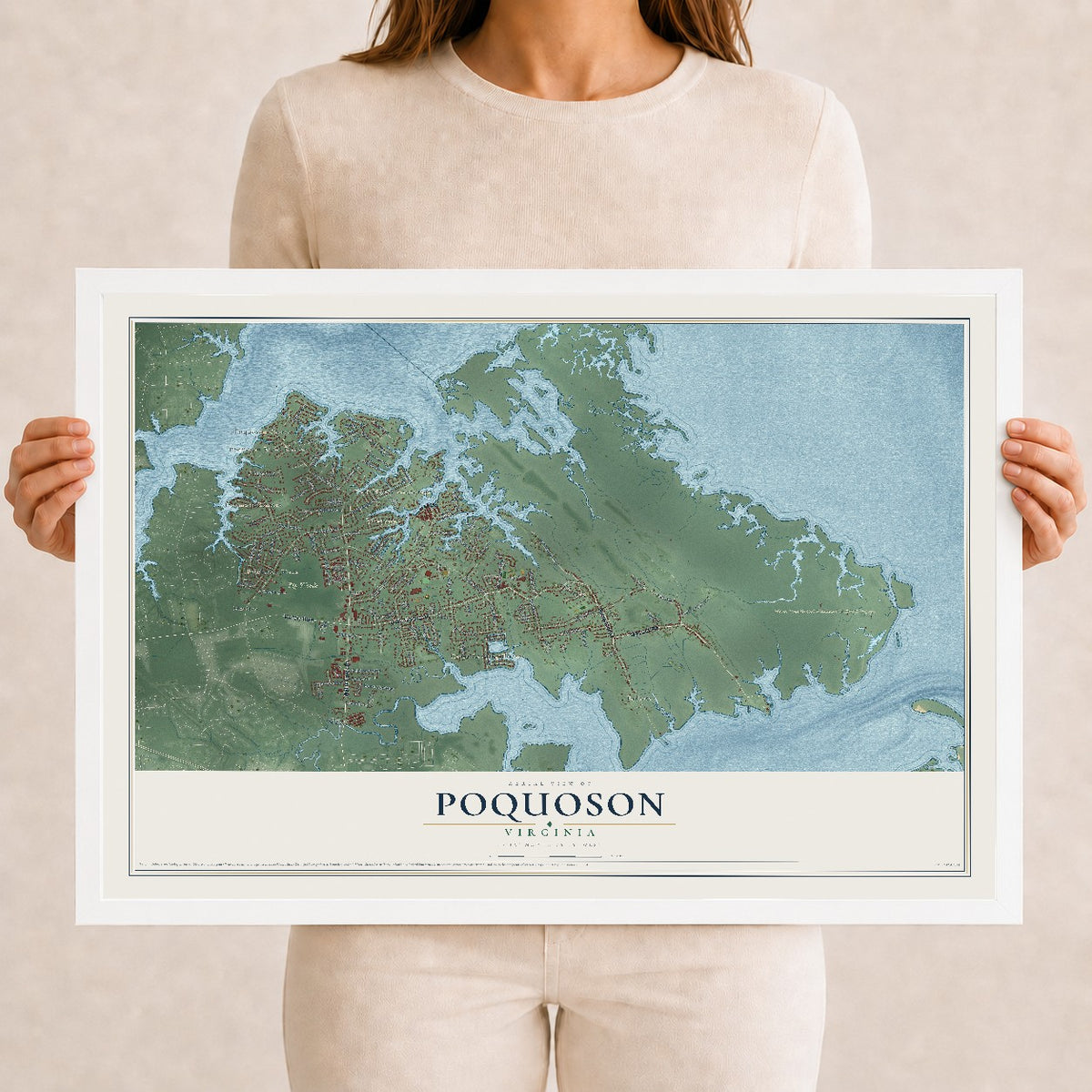 Map of Poquoson, Virginia, 12 x 18 inch print in a white wood frame