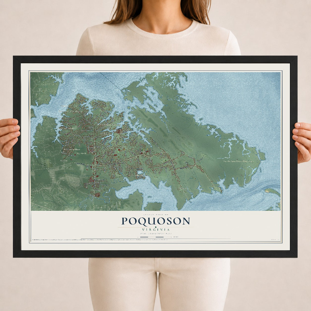 Map of Poquoson, Virginia, 18 x 24 inch print in a black wood frame