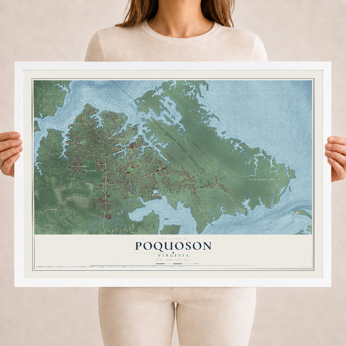 Map of Poquoson, Virginia, 18 x 24 inch print in a white wood frame