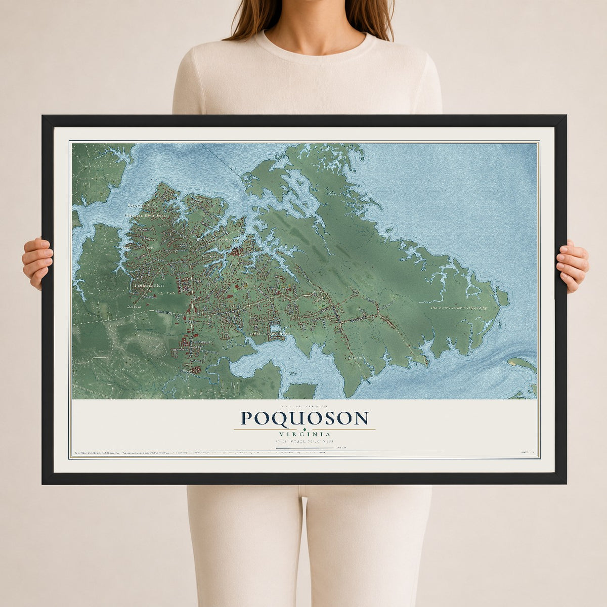 Map of Poquoson, Virginia, 24 x 36 inch print in a black wood frame