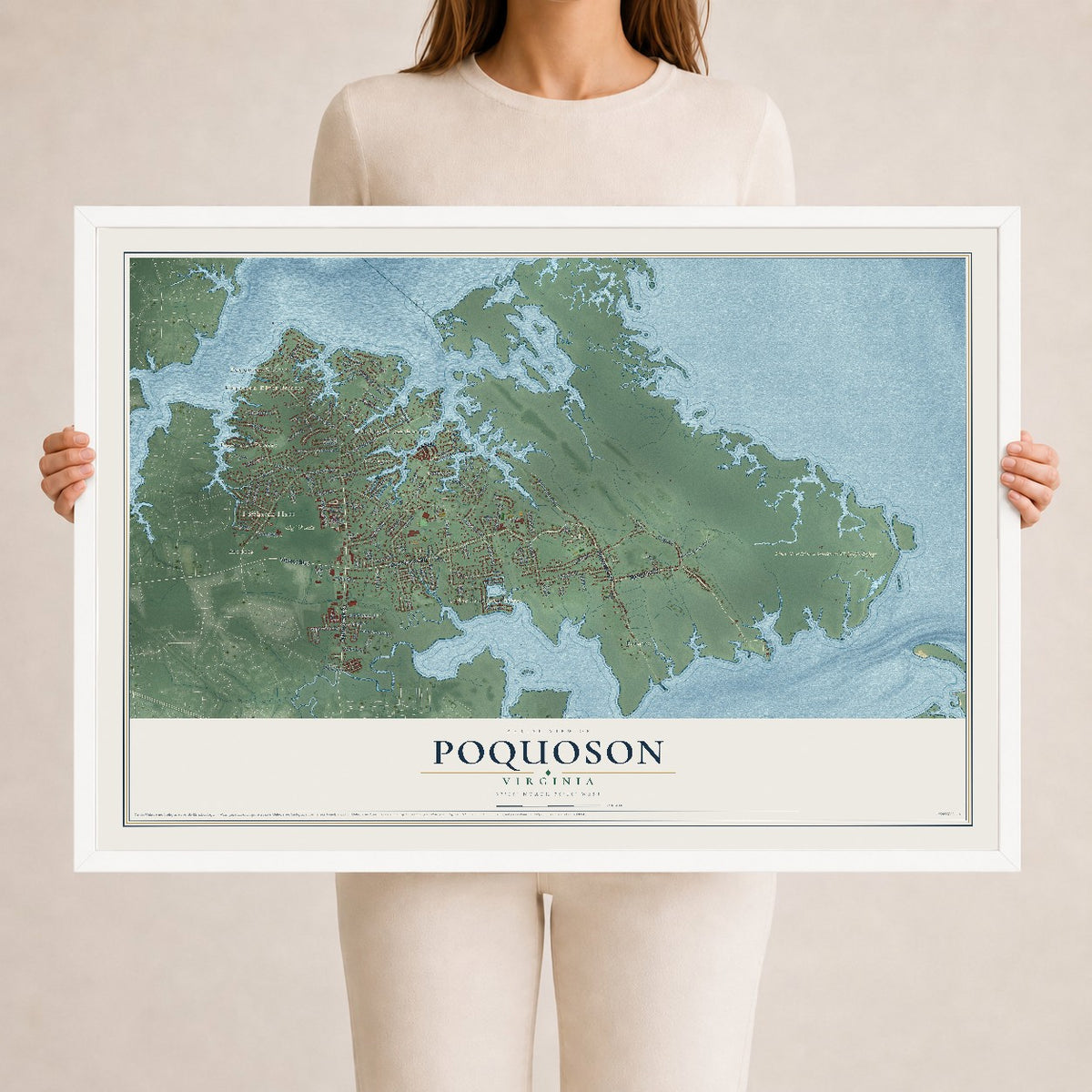Map of Poquoson, Virginia, 24 x 36 inch print in a white wood frame