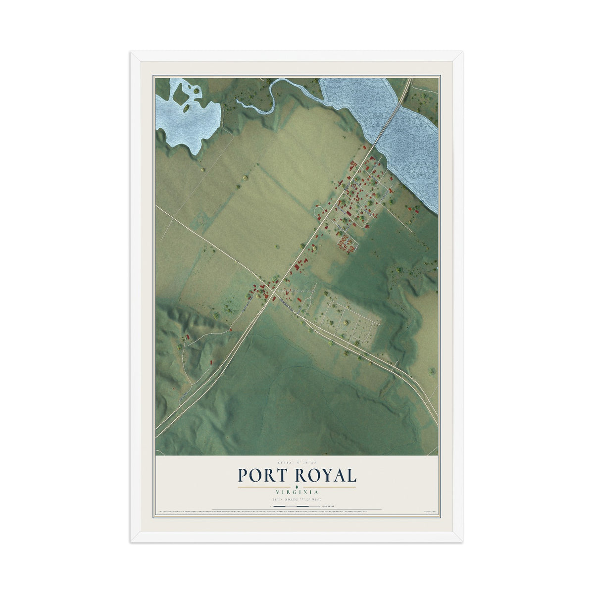 Map of Port Royal, Virginia, 12 x 18 inch print in a white wood frame