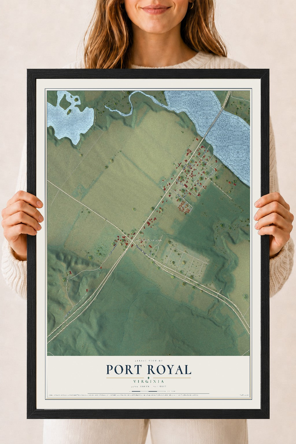 Map of Port Royal, Virginia, 18 x 24 inch print in a black wood frame