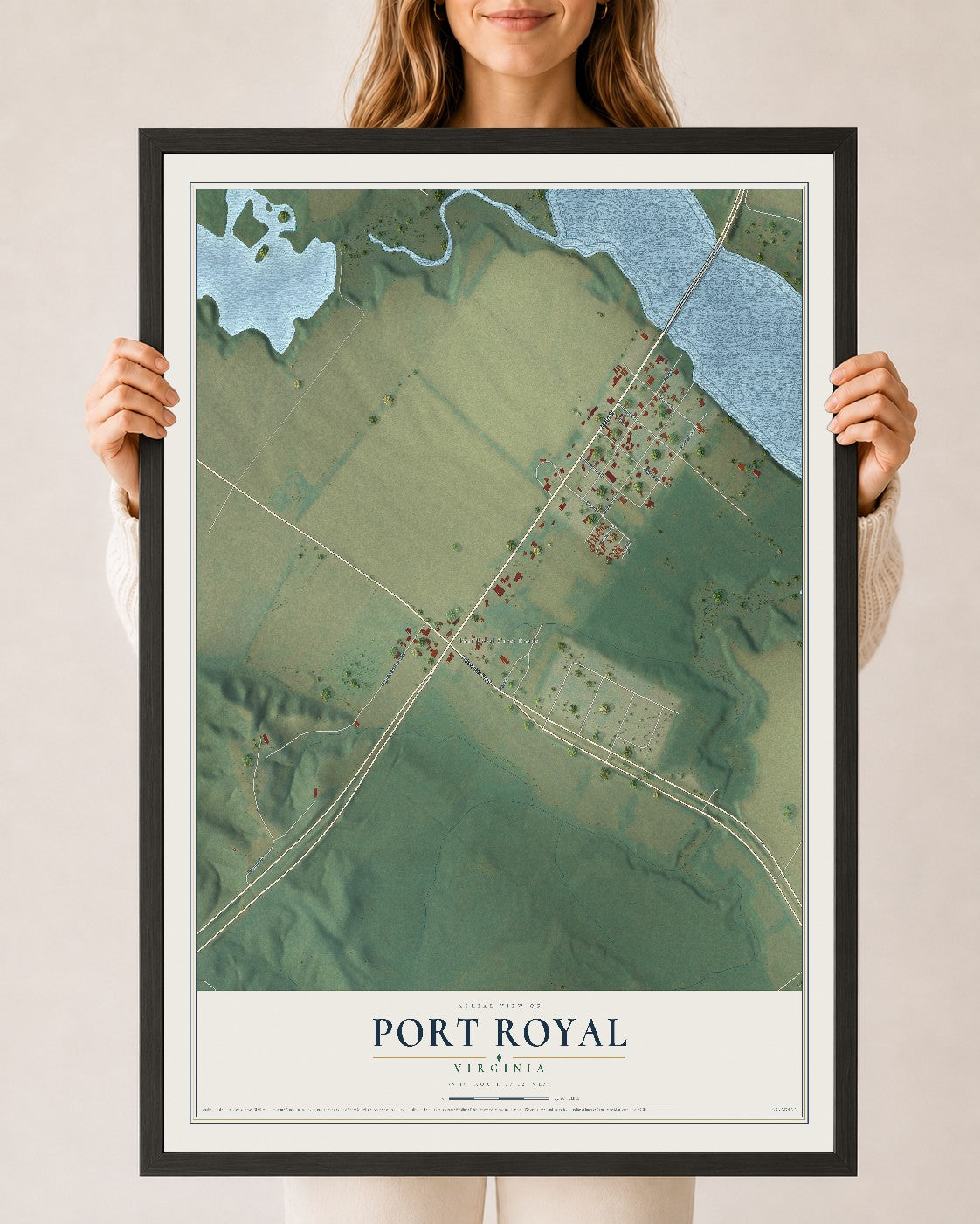 Map of Port Royal, Virginia, 24 x 36 inch print in a black wood frame