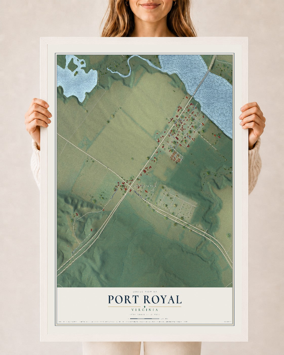 Map of Port Royal, Virginia, 24 x 36 inch print in a white wood frame