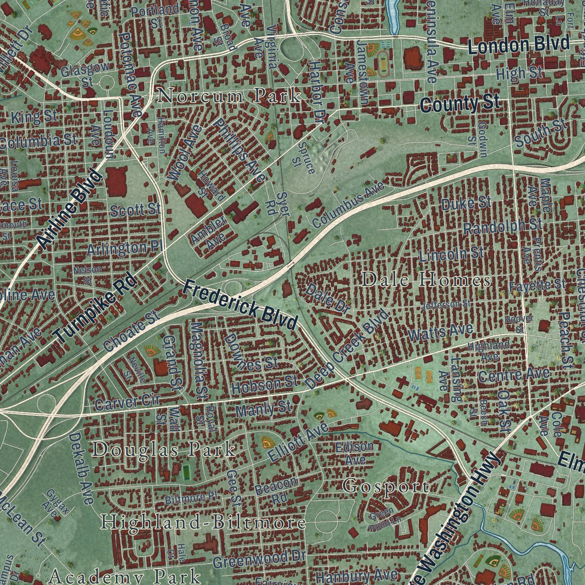 Close-up of the map of Portsmouth, Virginia print showing street and building detail