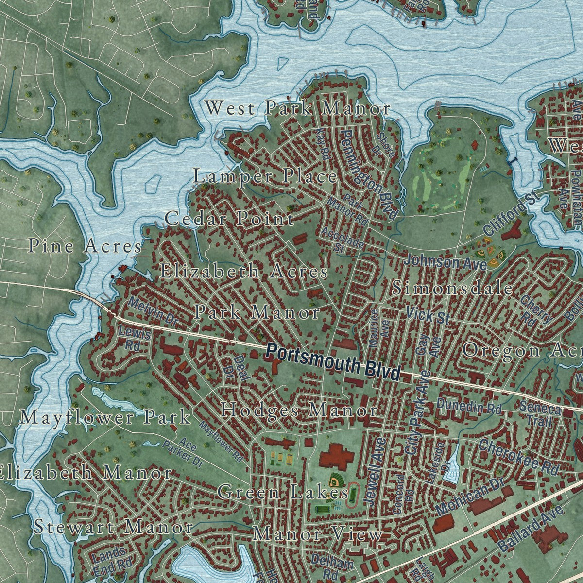 Second close-up of the map of Portsmouth, Virginia print showing more streets and buildings