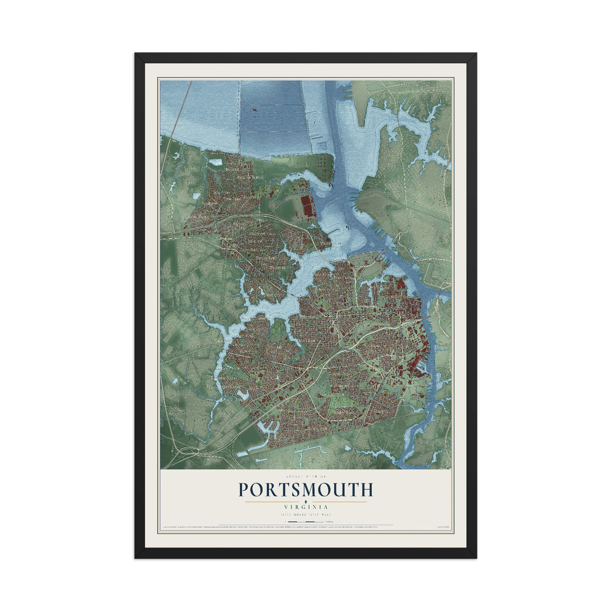 Map of Portsmouth, Virginia, 12 x 18 inch print in a black wood frame