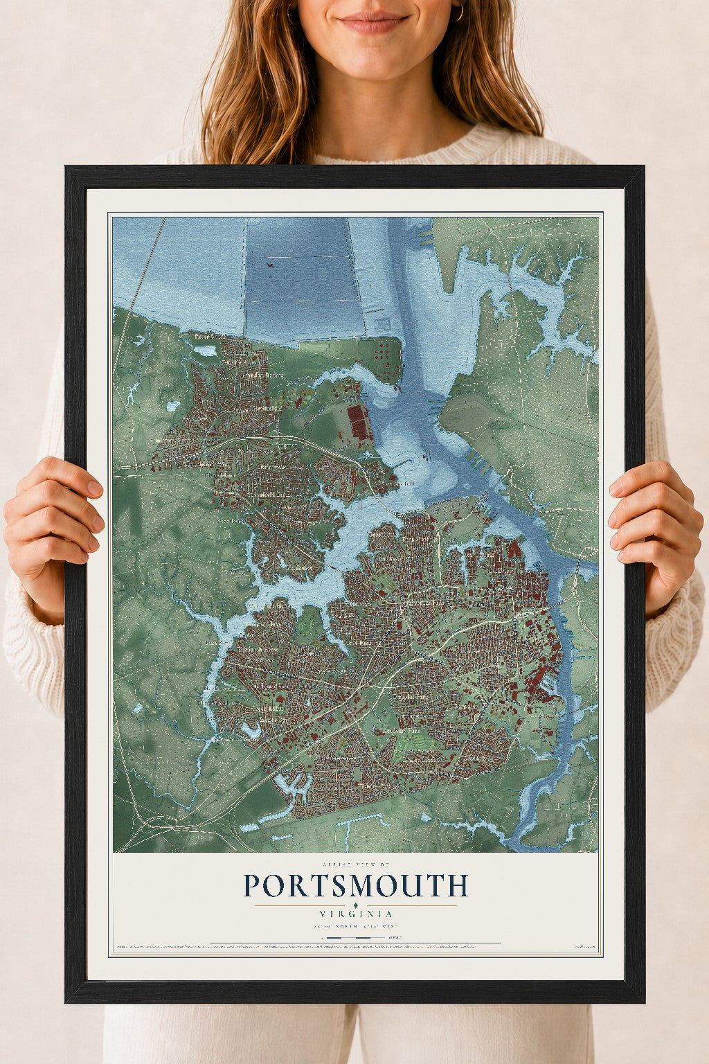 Map of Portsmouth, Virginia, 18 x 24 inch print in a black wood frame